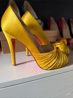 Christian Louboutin Yellow Satin Knotted Peep-Toe Pumps